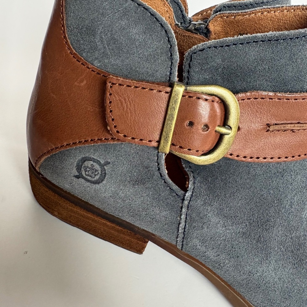 Born Kati Ankle Boots Womens 8 Blue Grey Suede Brown Leather Buckle Booties - Picture 2 of 12